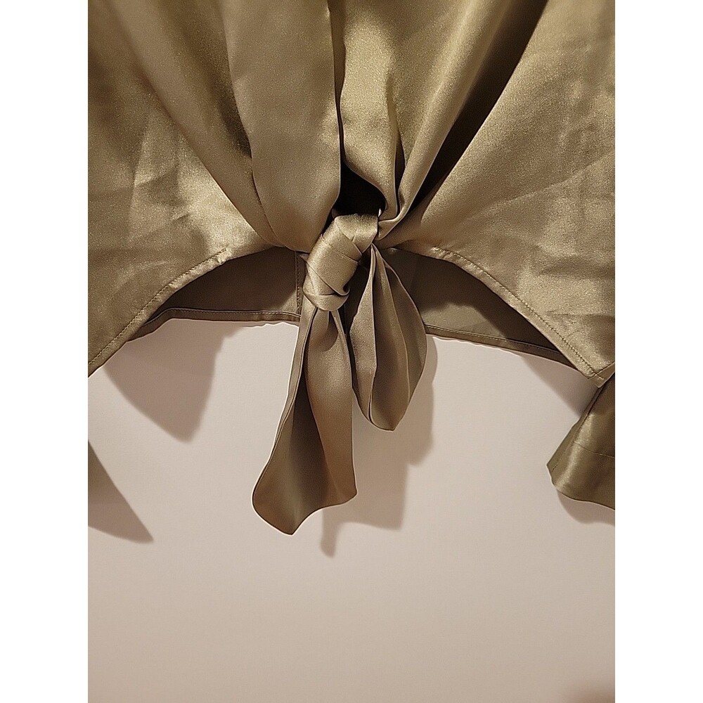 The Sei Silk Tie Front Blouse Size 4 Olive Satin Luxury Modern Minimalist Top - Picture 3 of 10